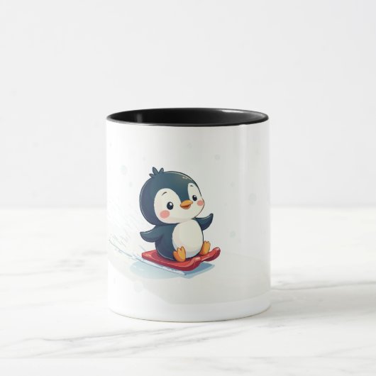 Joyful Kawaii Penguin Sledding Christmas Design Tasse (Zentrum)