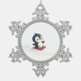 Joyful Kawaii Penguin Sledding Christmas Schneeflocken Zinn-Ornament