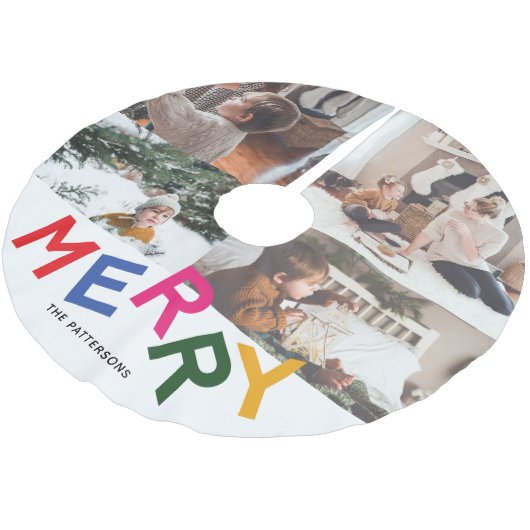 Joyful Lettering Holiday Photo Collage Polyester Weihnachtsbaumdecke (Schrägansicht)