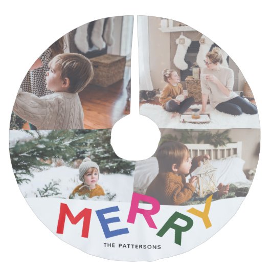 Joyful Lettering Holiday Photo Collage Polyester Weihnachtsbaumdecke (Vorderseite)
