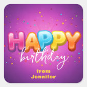 Joyful Lila Happy Birthday Confetti Feier Quadratischer Aufkleber (Vorderseite)