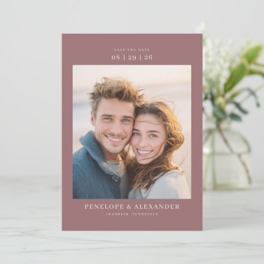 Joyful Maroon Modern Photo Save The Date (Stehend Vorderseite)