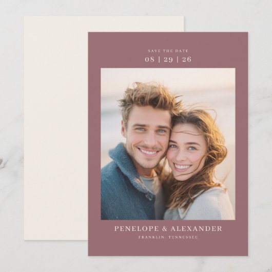 Joyful Maroon Modern Photo Save The Date (Vorne/Hinten)