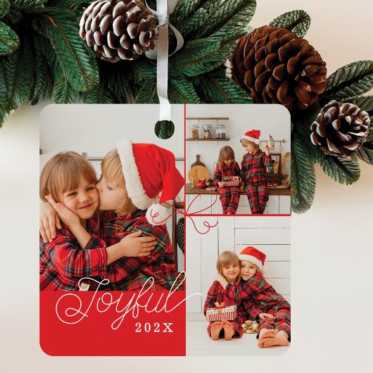 Joyful Minimal Foto Collage Present Ribbon Rot Ornament Aus Metall