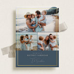 Joyful Moments Hanukkah Card Folien Feiertagskarte<br><div class="desc">Dieses Design der Urlaubskarte umfasst eine Reihe familiärer Fotos, die in einem Collage-Format angeordnet sind. Das obere Bild ist das größte und darunter gibt es zwei kleinere Fotos. Die Karte hat einen weichen, warmen Ton und ist mit einer dünnen goldenen Linie gerahmt. Der Gruß "wünscht euch die glücklichste Hanukka" ist...</div>