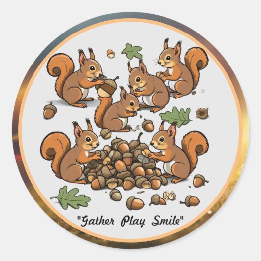 "Joyful Nut Ansammlung Eichhörnchen" Runder Aufkleber (Vorderseite)