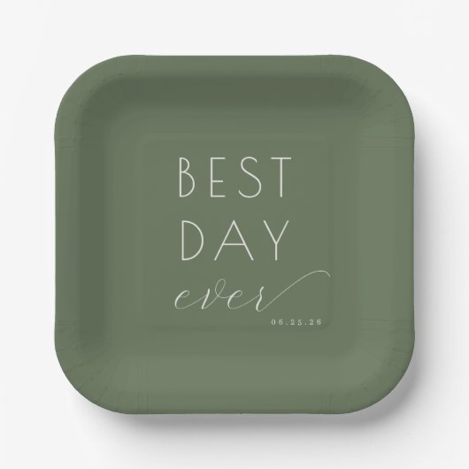 Joyful Olive Green Typographic Wedding Plates Pappteller (Vorderseite)