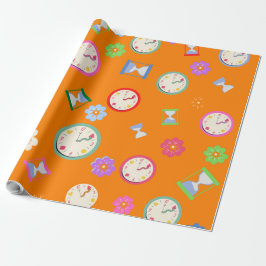 Joyful orange Uhren und Blume Party Geschenkpapier
