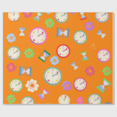 Joyful orange Uhren und Blume Party Geschenkpapier (Flach)
