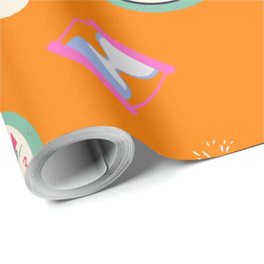 Joyful orange Uhren und Blume Party Geschenkpapier (Rolleneckpunkt)