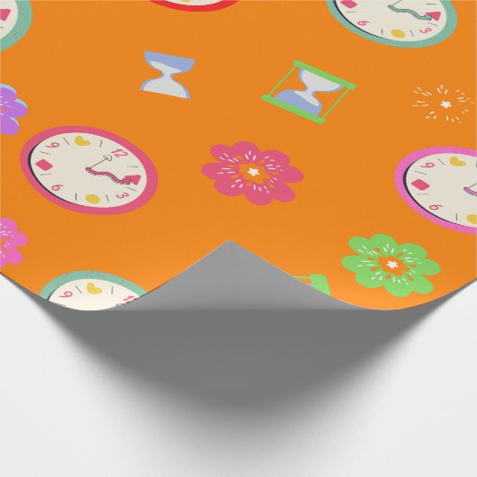 Joyful orange Uhren und Blume Party Geschenkpapier (Ecke)