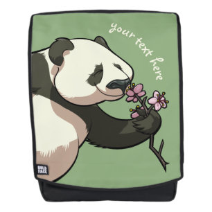 Joyful Panda Sniffs Pink Blossom Blume mit Text Rucksack
