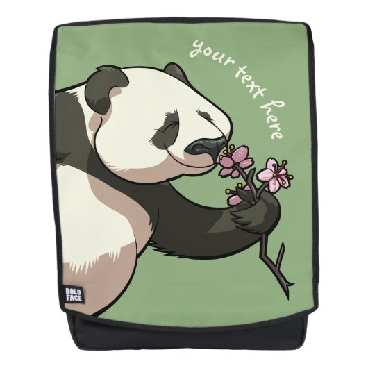 Joyful Panda Sniffs Pink Blossom Blume mit Text Rucksack (Vorderseite)