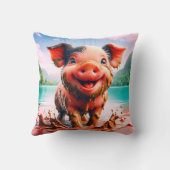 "Joyful Piglet in Mud Bath - Whimsical Farm Art" Kissen (Rückseite)