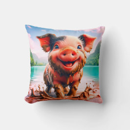 "Joyful Piglet in Mud Bath - Whimsical Farm Art" Kissen
