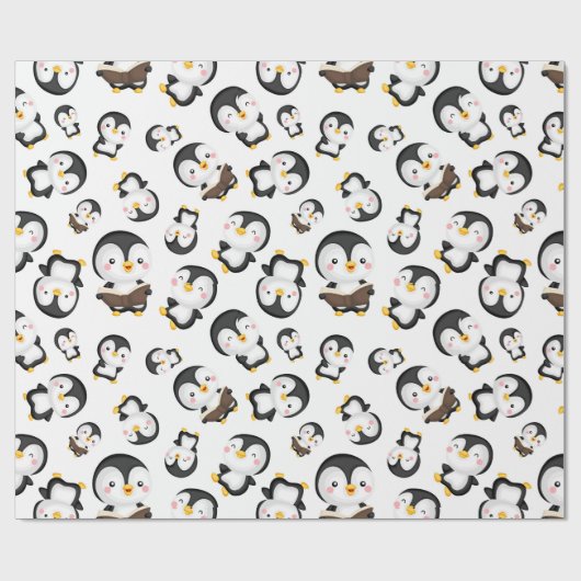 Joyful Pinguine auf Weiß Geschenkpapier (Flach)