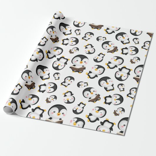 Joyful Pinguine auf Weiß Geschenkpapier (Ungerollt)