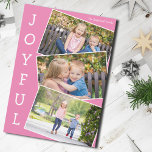 Joyful Pink 3 Kinder Foto Collage Niedlich Weihnac Feiertagskarte<br><div class="desc">Niedlich rosa Weihnachts-Foto-Collage-Karte mit 3 Kinderfotos in einem lustigen überlappenden Schnappschuss-Muster mit weißem Rand und das Wort "Joyful" senkrecht unten auf der Seite geschrieben. Finden Sie Ihre drei Lieblingsbilder für diese lustige Familienurlaubskarte.</div>