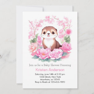 Joyful Pink Floral Otter Girl Babydusche Einladung