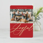 Joyful Red Elegant Script Foto Weihnachten (Stehend Vorderseite)