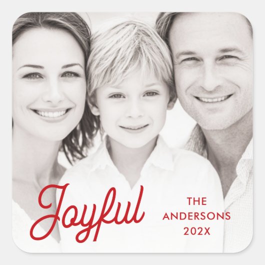 Joyful red festive retro font name year photo quadratischer aufkleber (Vorderseite)