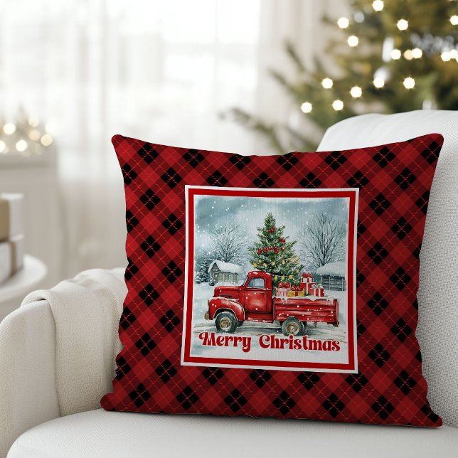 Joyful red truck Christmas scene rustic festive  Kissen (Joyful red truck Christmas scene rustic festive pillow art

)