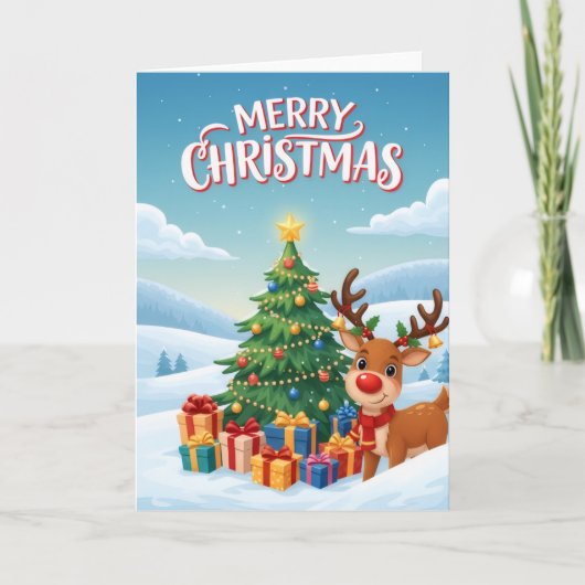 Joyful Reindeer Christmas Tree Greeting Card Karte (Vorderseite)