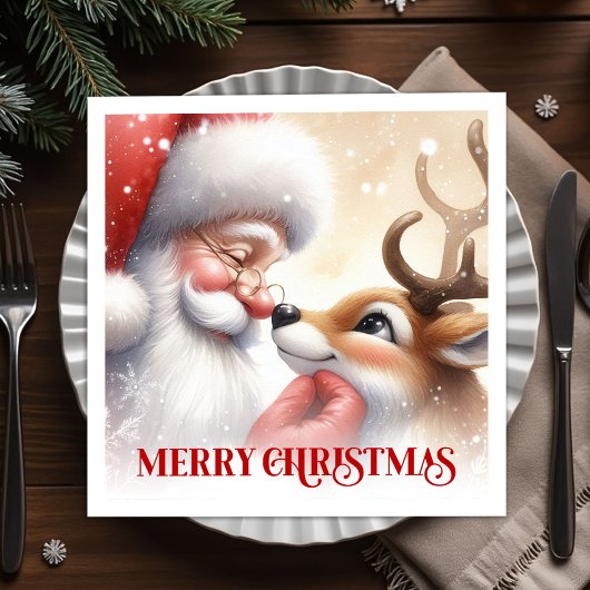 Joyful Santa and Rudolph Christmas Napkins Dinner  Serviette