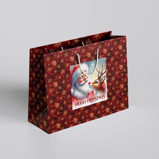 Joyful Santa and Rudolph Holiday Cartoon Bag Große Geschenktüte