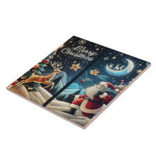 Joyful Santa on snowy Christmas Eve Fliese