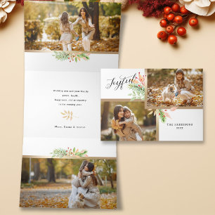 Joyful Script Botanical 2-Foto mit Goldrahmen Dreifach Gefaltete Urlaubskarte