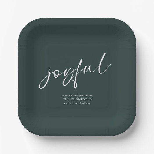 Joyful Script Name Merry Christmas Green Pappteller (Vorderseite)