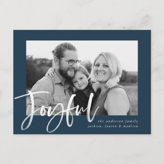 Joyful Script | Navy Holiday Foto Postkarte (Vorderseite)