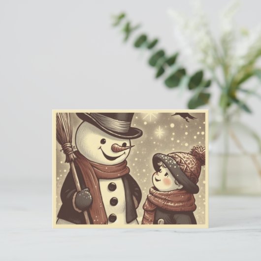 Joyful Snowman and Child Cartoon Postcard Postkarte (Stehend Vorderseite)