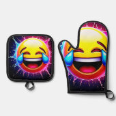 Joyful Splash: Laughing Emoji Art Ofenhandschuh & Topflappen-Set (Vorderseite)