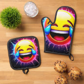 Joyful Splash: Laughing Emoji Art Ofenhandschuh & Topflappen-Set (Oben Unten)