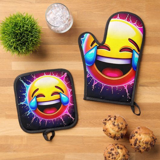 Joyful Splash: Laughing Emoji Art Ofenhandschuh & Topflappen-Set (Oben Unten)