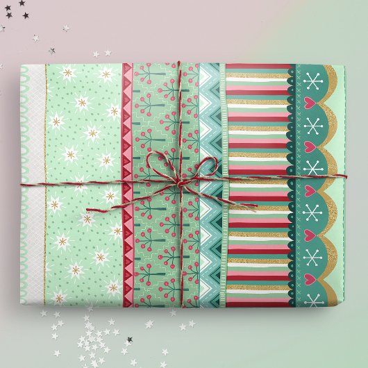 Joyful Strip Grünes Weihnachtswrapping Papier Geschenkpapier