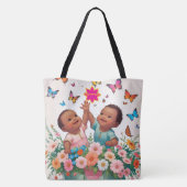 Joyful Tote Bag Niedlich Butterfly und Blume Kunst Tasche (Rückseite)