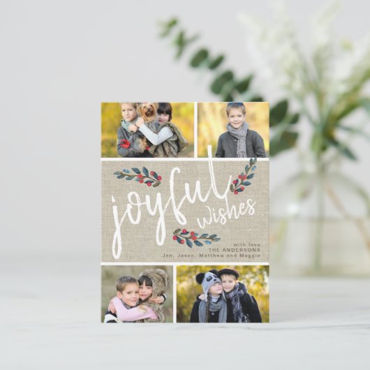 Joyful Wish Beige Linen Weihnachten 4 Foto Collage (Stehend Vorderseite)
