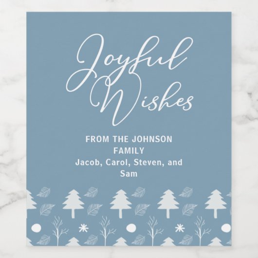 Joyful Wish Slate Blue Christmas Trees Custom Weinetikett (Einzelnes Label)