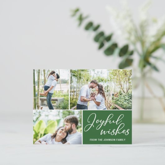 Joyful wünscht Grüne Weihnachtsfamilie Foto Collag Postkarte (Stehend Vorderseite)