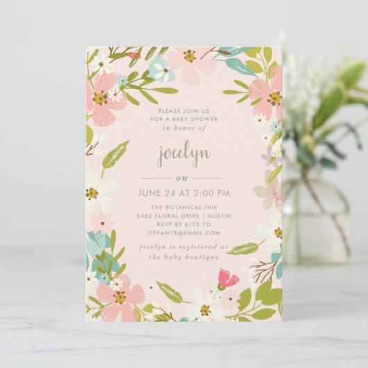 Joyous Floral | Einladung zur Pink Baby Dusche (Stehend Vorderseite)