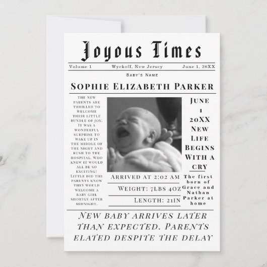 Joyous Newborn Times Birth Ankündigung (Vorderseite)