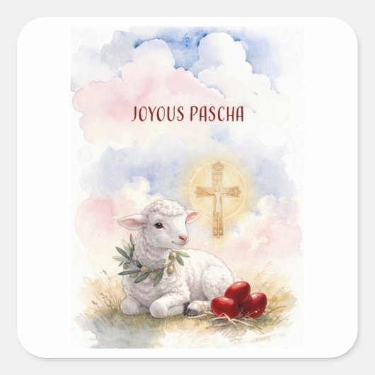 Joyous Pascha Lamb, Red Eggs and Cross Quadratischer Aufkleber (Vorderseite)