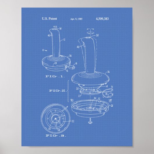 Joystick-Controller 1985 Patentart Blueprint Poster (Vorne)