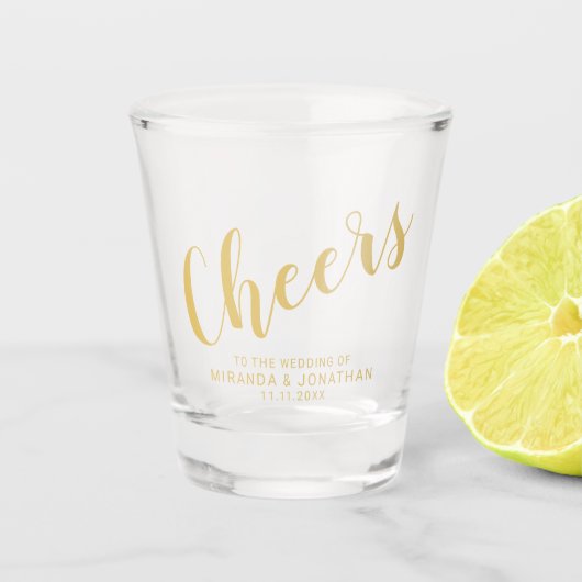 "Jubelt" moderner Skript-Goldhochzeit zu Schnapsglas (Vorderseite)