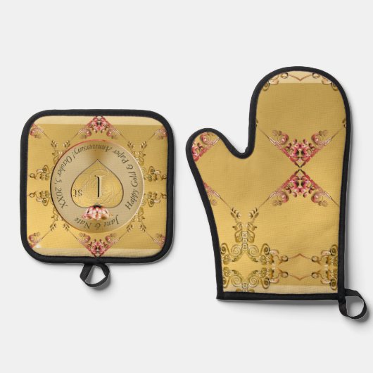 Jubiläum 1. Hochzeit Goldenes Herz Emblem Ofenhandschuh & Topflappen-Set (Vorderseite)