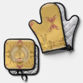 Jubiläum 1. Hochzeit Goldenes Herz Emblem Ofenhandschuh & Topflappen-Set (Vorderseite/Rückseite)