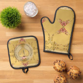 Jubiläum 1. Hochzeit Goldenes Herz Emblem Ofenhandschuh & Topflappen-Set (Oben Unten)